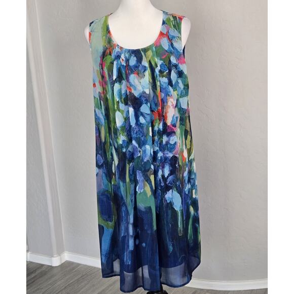 Claire Desjardins Abstract Art to Wear Floral Dress Blue Sleeveless Flowey Sz M - Picture 11 of 11